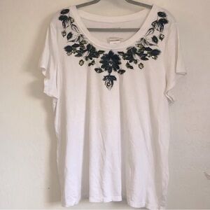 CHARTER club bright white tee with flowers and rhinestones size 1X NWT